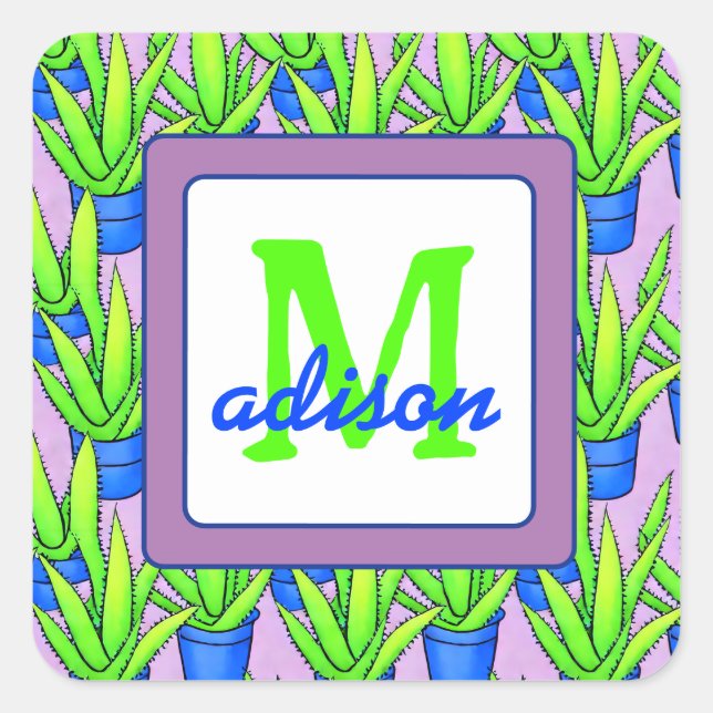 Sticker Carré Aloe Vera Motif Plante Monogrammé (Devant)
