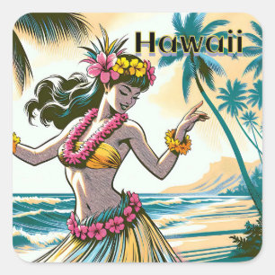 Sticker Carré Aloha   Hawaii Hula Dancer sur la plage