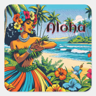 Sticker Carré Aloha   Hawaii Hula Dancer sur la plage