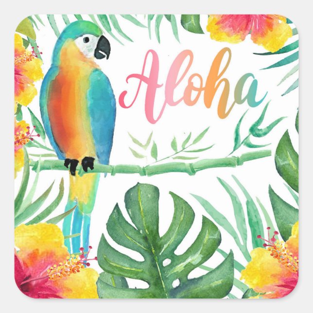 Sticker Carré Aloha Tropical Parrot Hibiscus Palms (Devant)