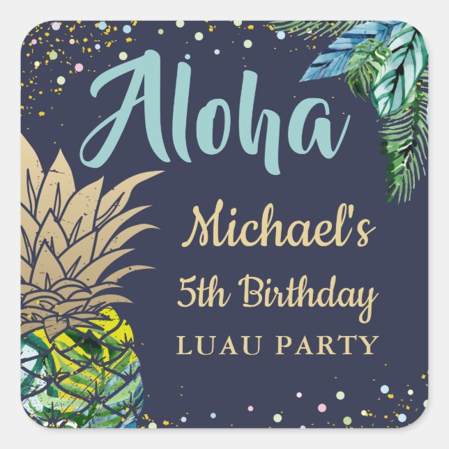 Sticker Carré Aloha Tropical Pineappal Beach fête d&#x27;anniversaire (Devant)