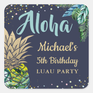 Sticker Carré Aloha Tropical Pineappal Beach fête d'anniversaire