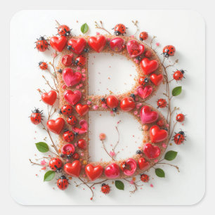 Sticker Carré Alphabet Créatif Lettre B avec Formes de Cœur