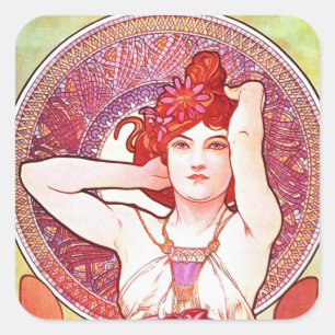 Sticker Carré Alphonse Mucha Améthyst Floral Vintage