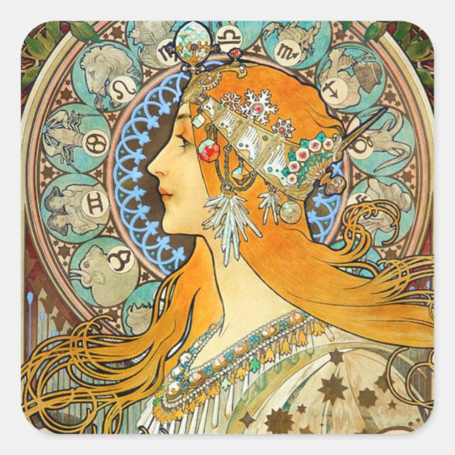 Sticker Carré Alphonse Mucha Art Nouveau Zodiac (Devant)