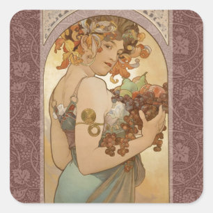 Sticker Carré Alphonse Mucha Fruit Art Nouveau Vintage Jeune Fil
