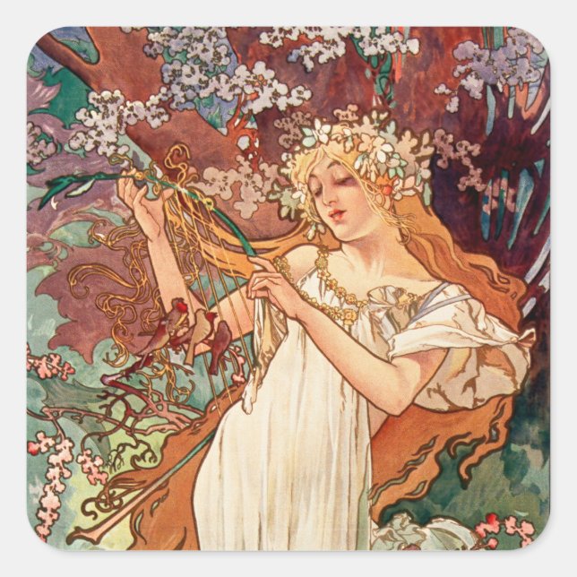 Sticker Carré Alphonse Mucha, Les Saisons (1896) Printemps (Devant)