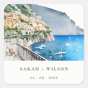 Sticker Carré Amalfi Coast Italie Aquarelle Mariage Paysage