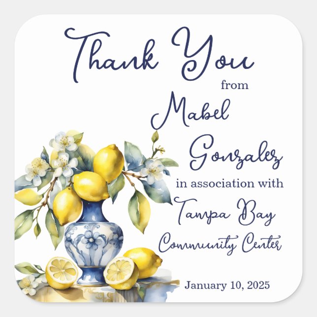 Sticker Carré Amalfi Italien bleu tuiles citrons mariage faveurs (Devant)