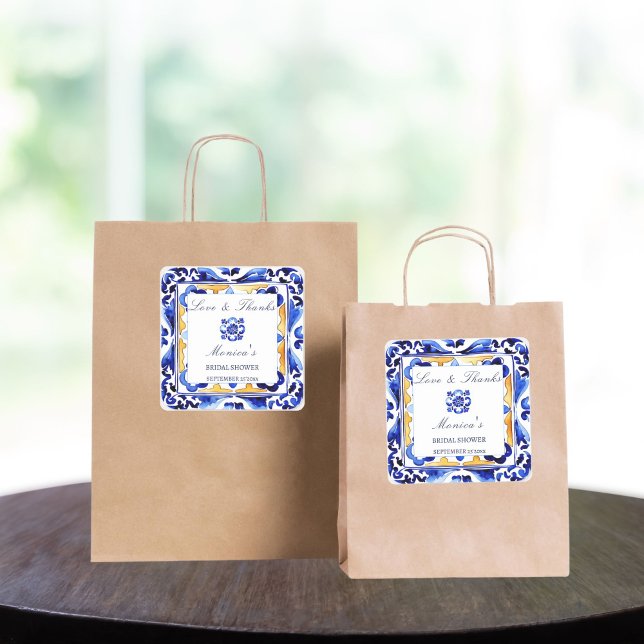 Sticker Carré Amalfi Vietri tuiles italienne douche nuptiale fav (Amalfi Vietri tiles Italian bridal shower favor Sticker Mediterranean blue aulejo tiles thank you )