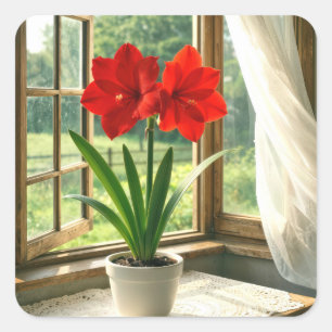 Sticker Carré Amaryllis rouge en fleurs dans une fenêtre ensolei