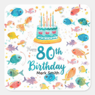 Sticker Carré Amateur de pêche 80e anniversaire aquarelle