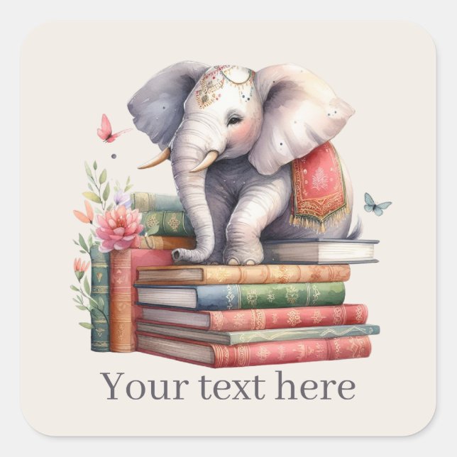 Sticker Carré Amateurs de livres d'éléphants mignons ajouter du  (Devant)
