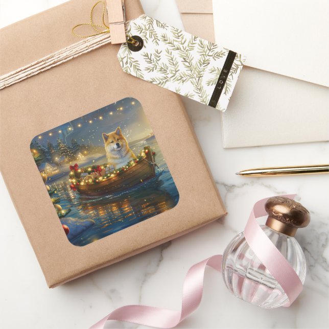 Sticker Carré American Akita Christmas Festive Voyage (Cadeaux)