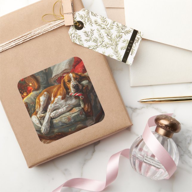 Sticker Carré American English Foxhound Chien Festif de Noël (Cadeaux)