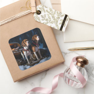 Sticker Carré American English Foxhound Snowy Sleigh Noël