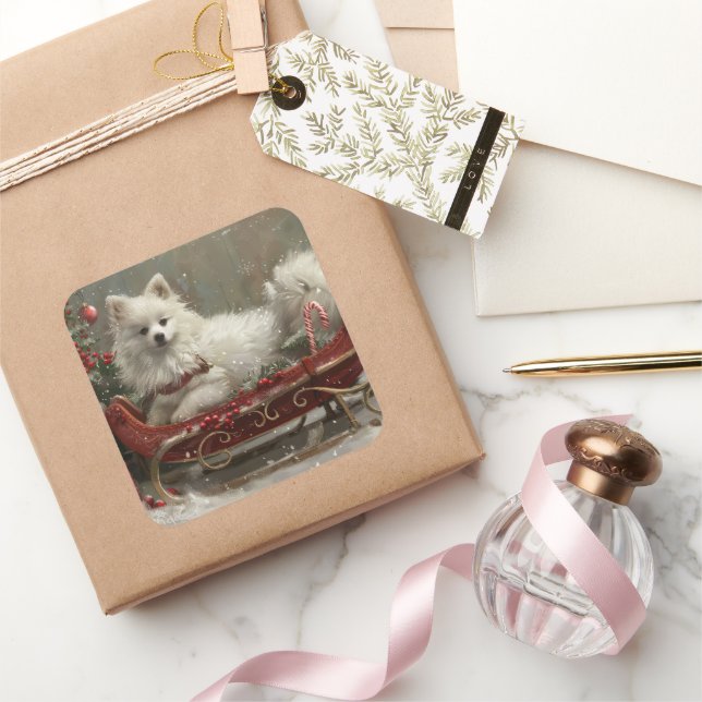 Sticker Carré American Eskimo Chien Festif de Noël (Cadeaux)