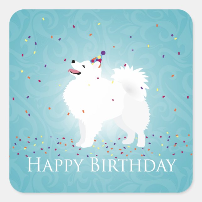 Sticker Carré American Eskimo Chien Joyeux Design d'anniversaire (Devant)