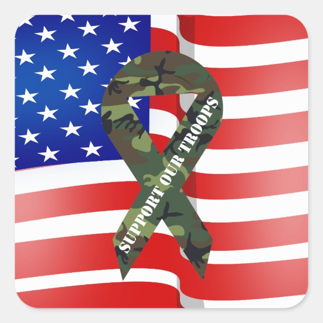 Sticker Carré American Flag Green Camo Support Nos troupes (Devant)