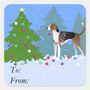 Sticker Carré American Foxhound décorant noël arbre forêt