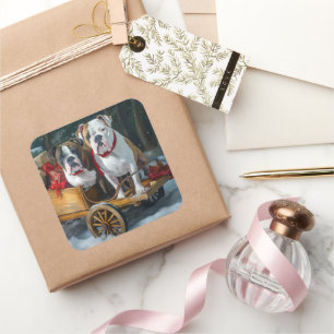 Sticker Carré American Staffordshire Snowy Sleigh Noël