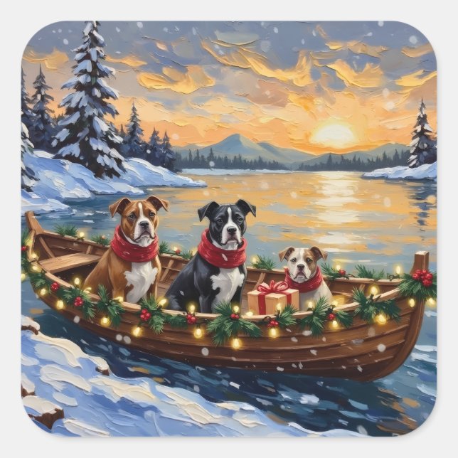 Sticker Carré American Staffordshire Terrier Christmas Boat (Devant)