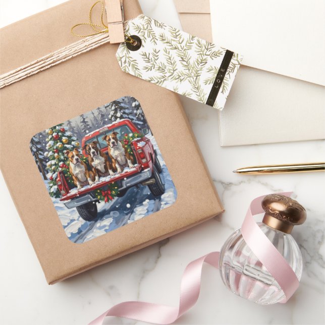 Sticker Carré American Staffordshire Terrier Christmas Red Truck (Cadeaux)