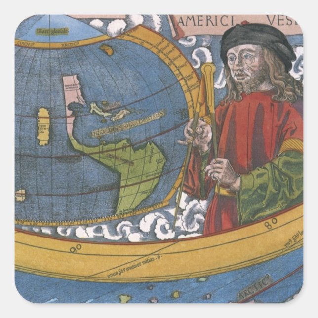 Sticker Carré Amerigo Vespucci Explorateur sur une carte des Amé (Devant)