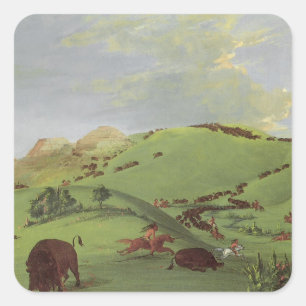 Sticker Carré Amérindiens d'époque, La Chasse aux bisons par Cat