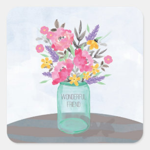 Sticker Carré Ami Fête des Mères Jar Vase avec Fleurs