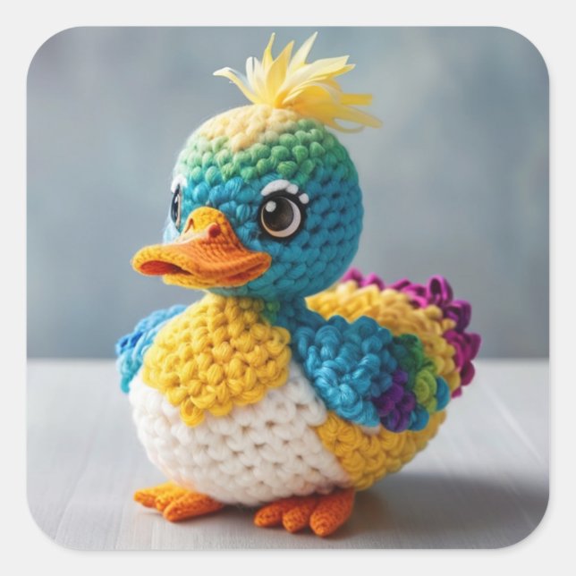Sticker Carré Amigurumi artisanal Crochet Canard chef-d'oeuvre O (Devant)