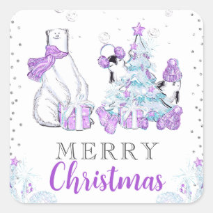 Sticker Carré Amis d'hiver Ours polaire et manchots Noël
