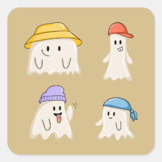 Sticker Carré Amis fantômes portant des chapeaux colorés