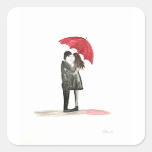 Sticker Carré Amour couple avec parapluie rouge
