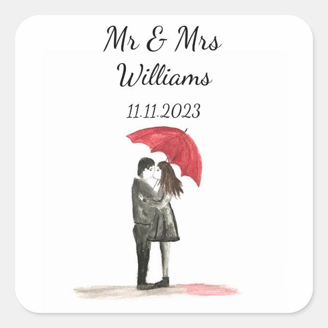 Sticker Carré Amour couple avec parapluie rouge Mariage Newlywed (Devant)