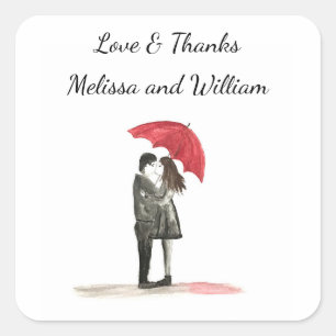 Sticker Carré Amour couple avec parapluie rouge Mariage Newlywed