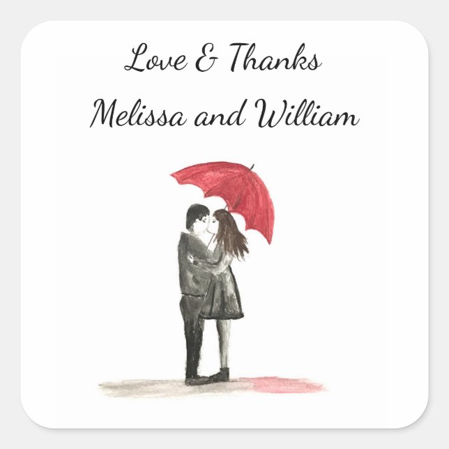Sticker Carré Amour couple avec parapluie rouge Mariage Newlywed (Devant)