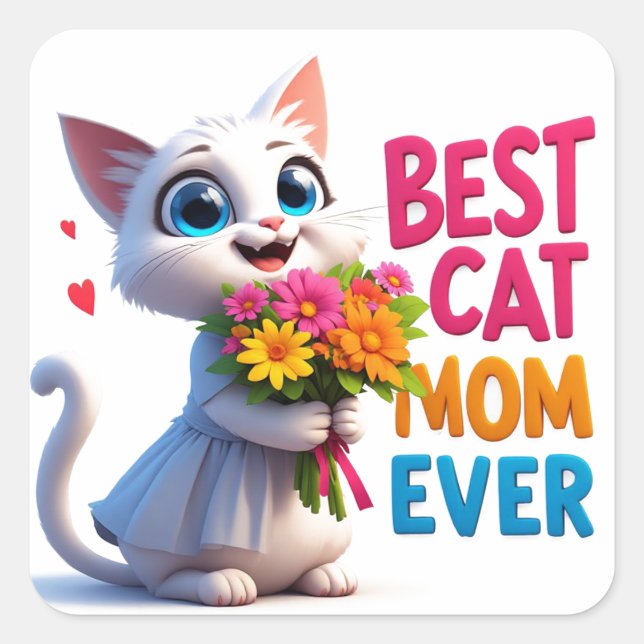 Sticker Carré Amour de Maman Chat Avec Fleurs Et Cœurs 🐱 (Devant)