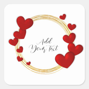 Sticker Carré Amour Élégant, Cœur Rouge & Couronne Dorée d'Anniv