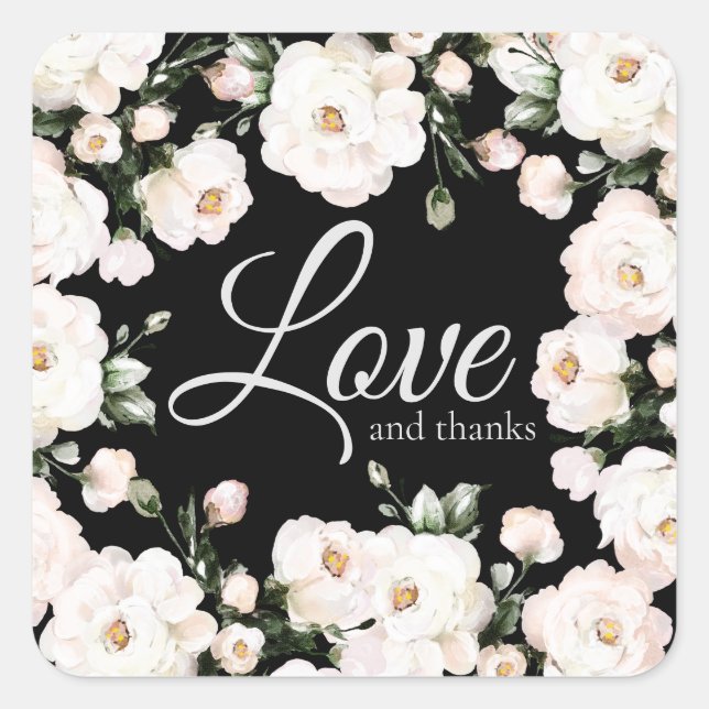 Sticker Carré Amour et Merci Black Elegant White Roses Mariage (Devant)
