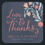 Sticker Carré Amour et Merci Bluish Chalkboard Floral Mariage<br><div class="desc">Ce charmant autocollant carré présente une belle florale contre un arrière - plan de tableau rouge, avec le mot "Love & Thanks" dans la police de script moderne. Utilisez-le pour sceller vos enveloppes mariages ou pour la décoration. Consultez le faire-part de mariage et les autres éléments mariages correspondants de ma...</div>