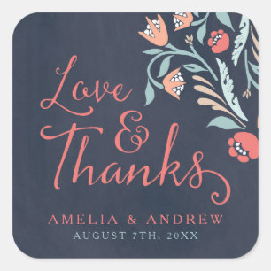 Sticker Carré Amour et Merci Bluish Chalkboard Floral Mariage