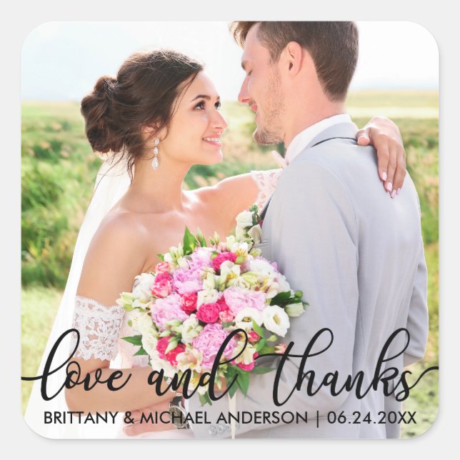 Sticker Carré Amour et merci Merci Mariage moderne Photo B (Devant)