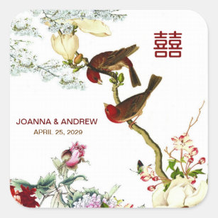 Sticker Carré Amour Flourissant Oiseaux & Fleurs Mariage chinois
