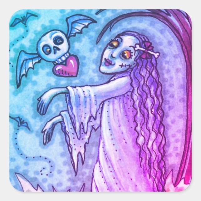 STICKER CARRÉ AMOUR MALADE FILLE ZOMBIE SUIVANT SON COEUR, WHIMS (Devant)