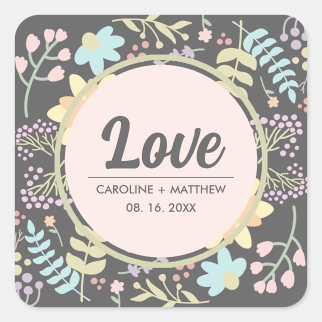 Sticker Carré Amour. Mariage floral moderne gris-bleu rose (Devant)