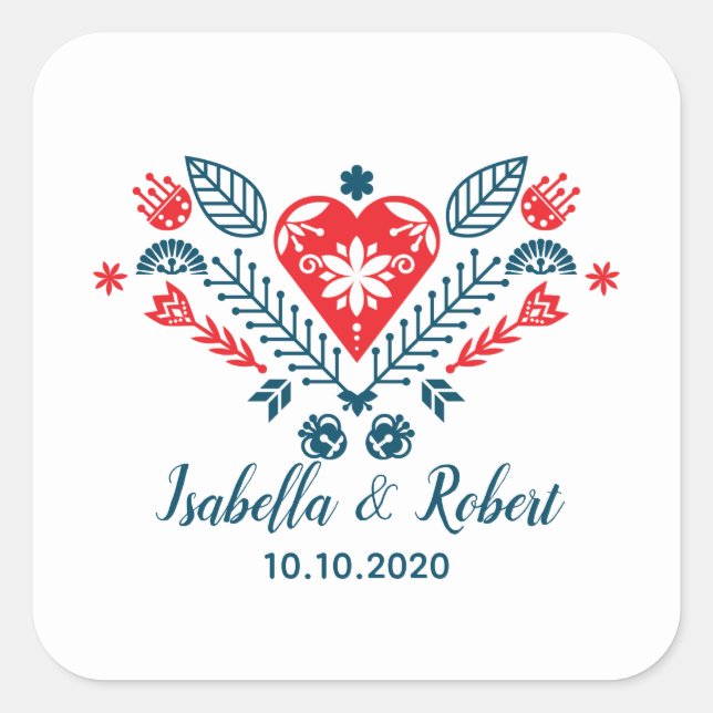 Sticker Carré Amour nordique en rouge et bleu | MARIAGE (Devant)