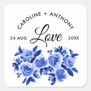 Sticker Carré Amour. Royal Blue Aquarelle Floral Mariage