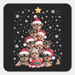 Sticker Carré Amoureux de chiens Yorkie Noël Arbre Xmas Animal d