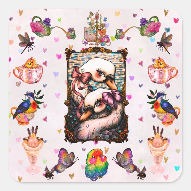 Sticker Carré Amoureux de cygnes (Devant)